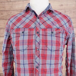 EXPRESS LONG SLEEVE RED CHECK PLAID SNAP BUTTON UP SHIRT MENS SZ L LARGE